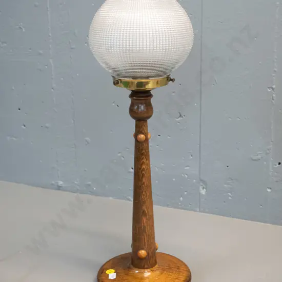 deco vintage table lamp with turned timber base, ribbed glass shade, brass fitting and applied timber decoration H-480