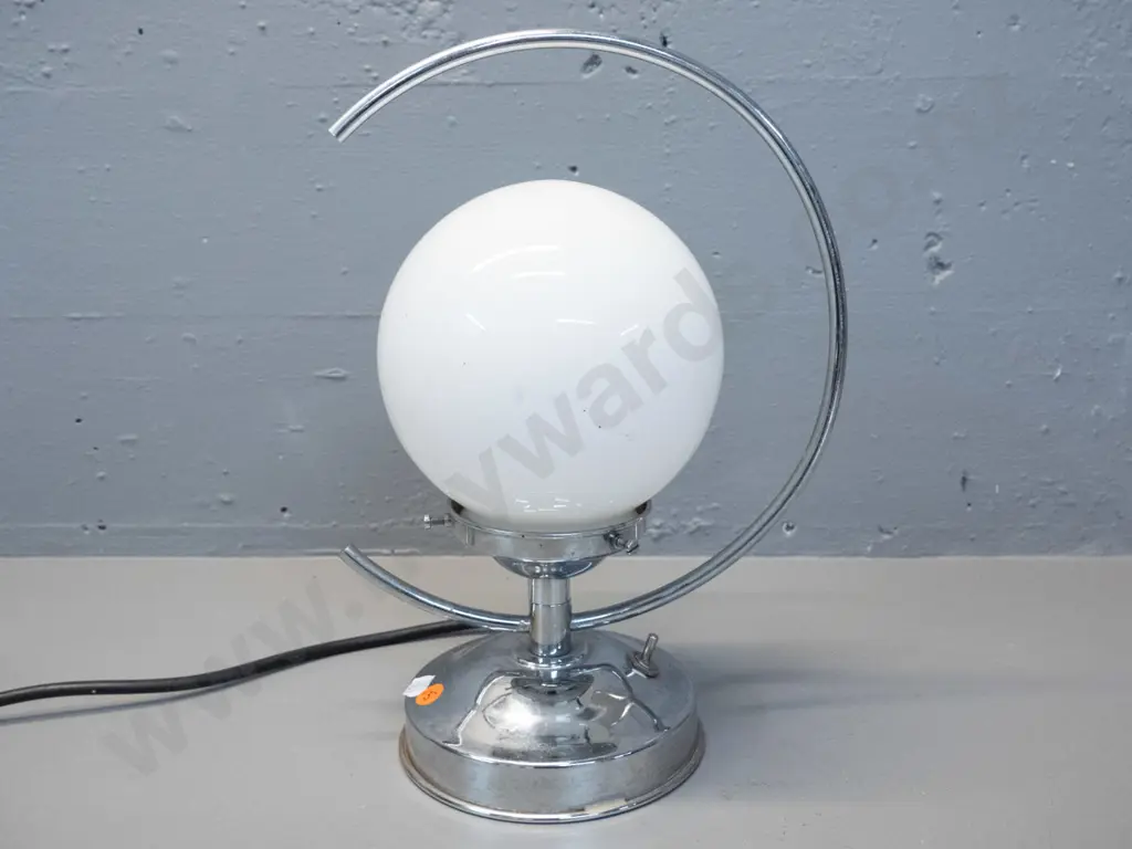 deco chrome hoop shaped table lamp with globe milk glass shade H-310 W-220 - some corrosion / pitting to chrome Image 1++