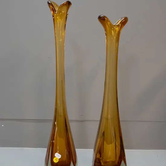two retro amber art glass tapered square base vases - taller one is H-490