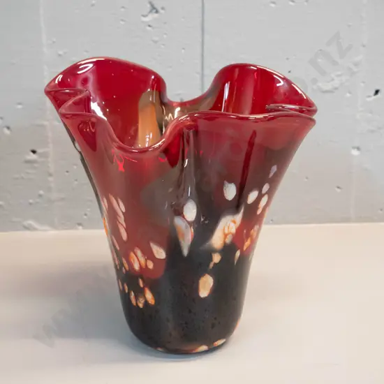 art glass handkerchief vase - red, black, cream and clear H-190 D-190