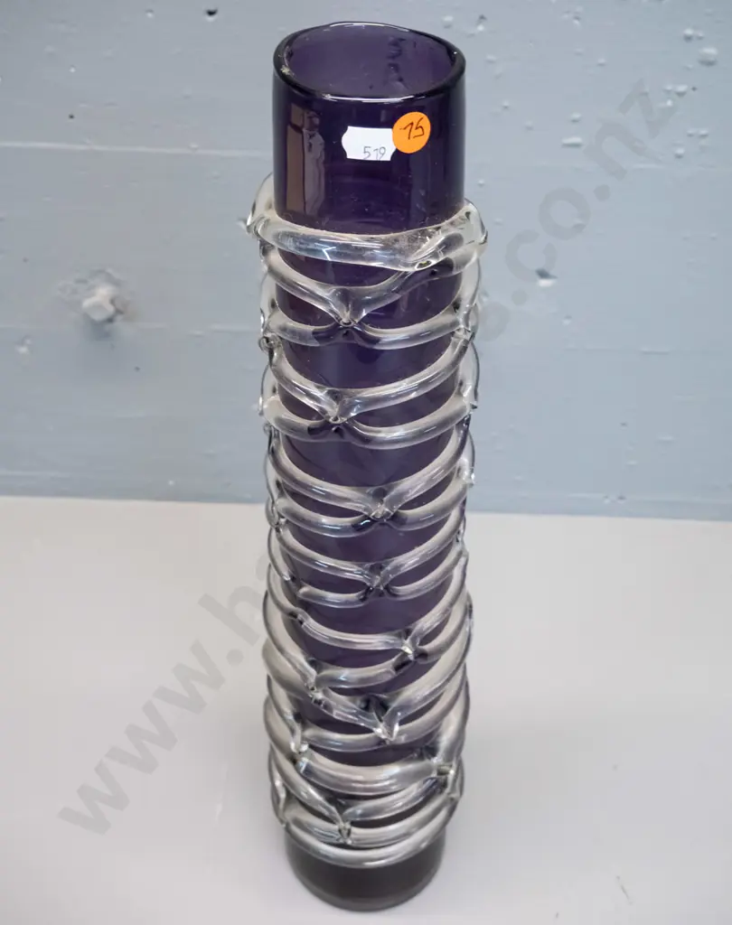 tall heavy art glass vase - purple with clear overlaid veining H-500 Image 1++