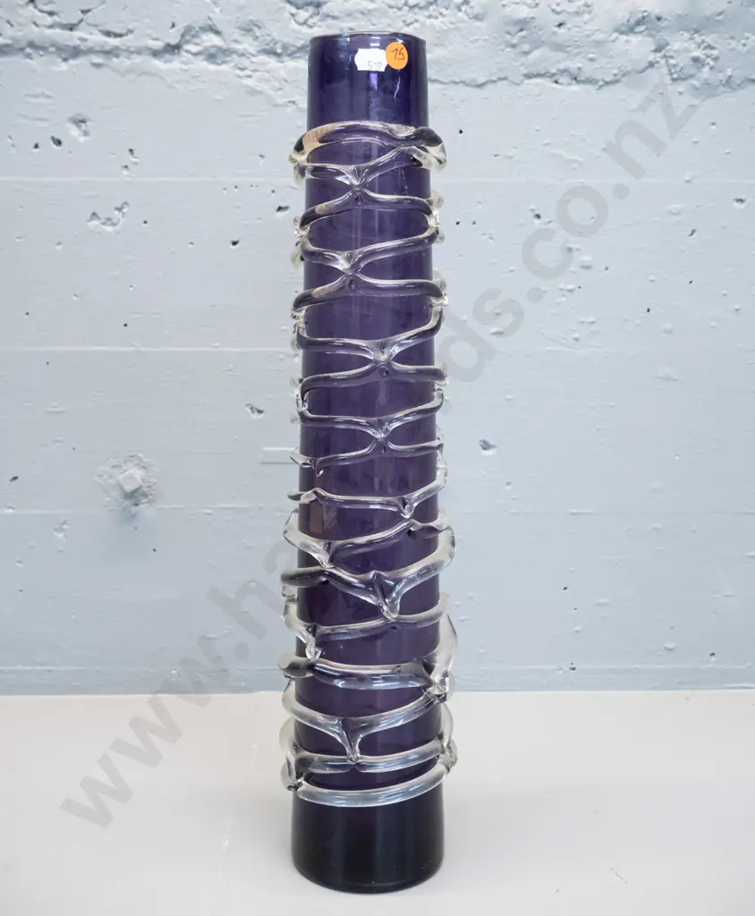 tall heavy art glass vase - purple with clear overlaid veining H-500 Image 1++