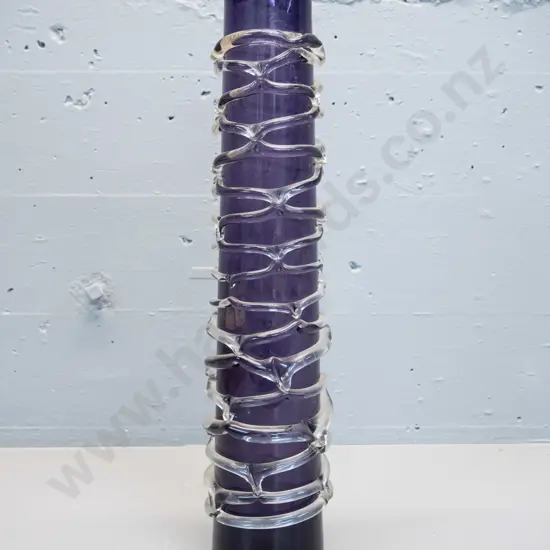 tall heavy art glass vase - purple with clear overlaid veining H-500