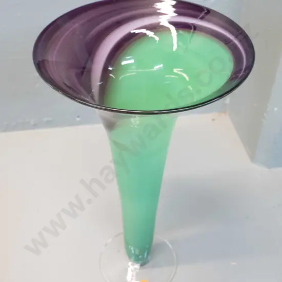 art glass trumpet vase green with purple and white swirl at rim - H-360 D-210