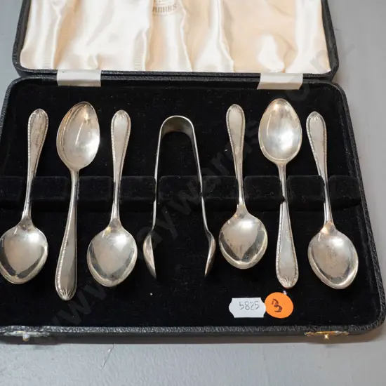 vintage cased set of sterling silver teaspoons with tongs