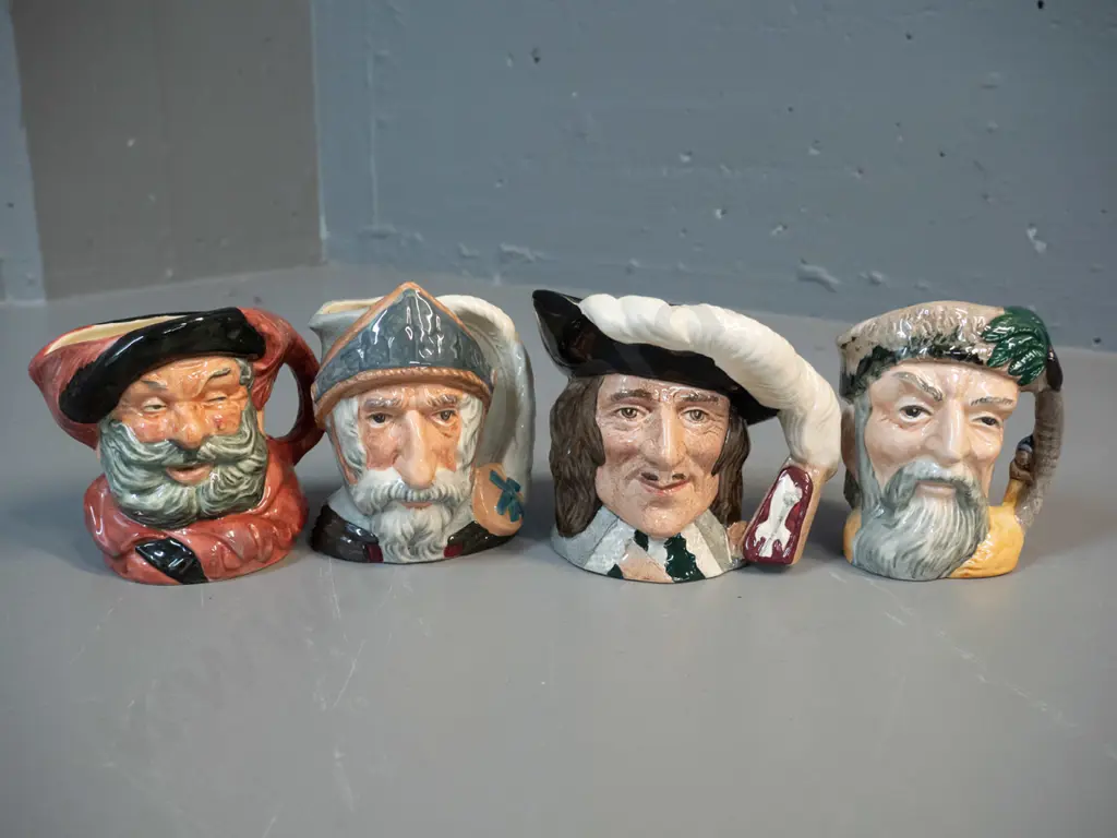 4 small Royal Doulton character jugs - D'Artagnan H-100 Don Quixote, Robinson Crusoe, Falstaff Image 1++