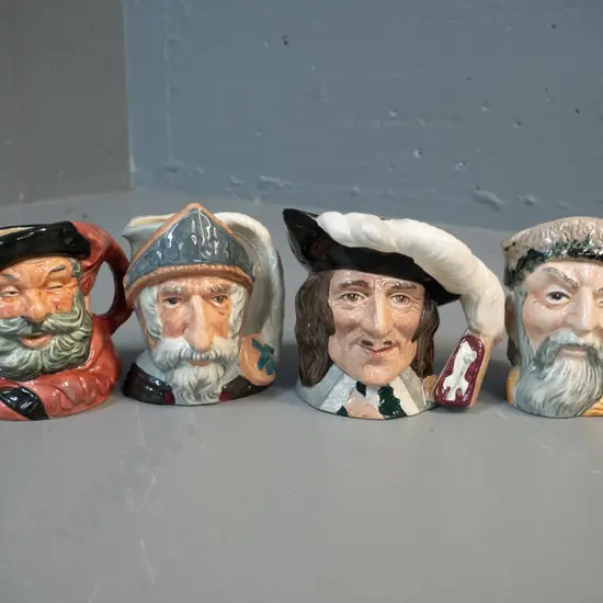 4 small Royal Doulton character jugs - D'Artagnan H-100 Don Quixote, Robinson Crusoe, Falstaff