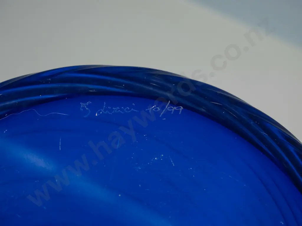 large art glass spiral ribbed vase with side 'wings' and Lirici sticker - H-435 W-250 - has hard to decipher mark Image 1++