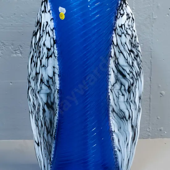large art glass spiral ribbed vase with side 'wings' and Lirici sticker - H-435 W-250 - has hard to decipher mark