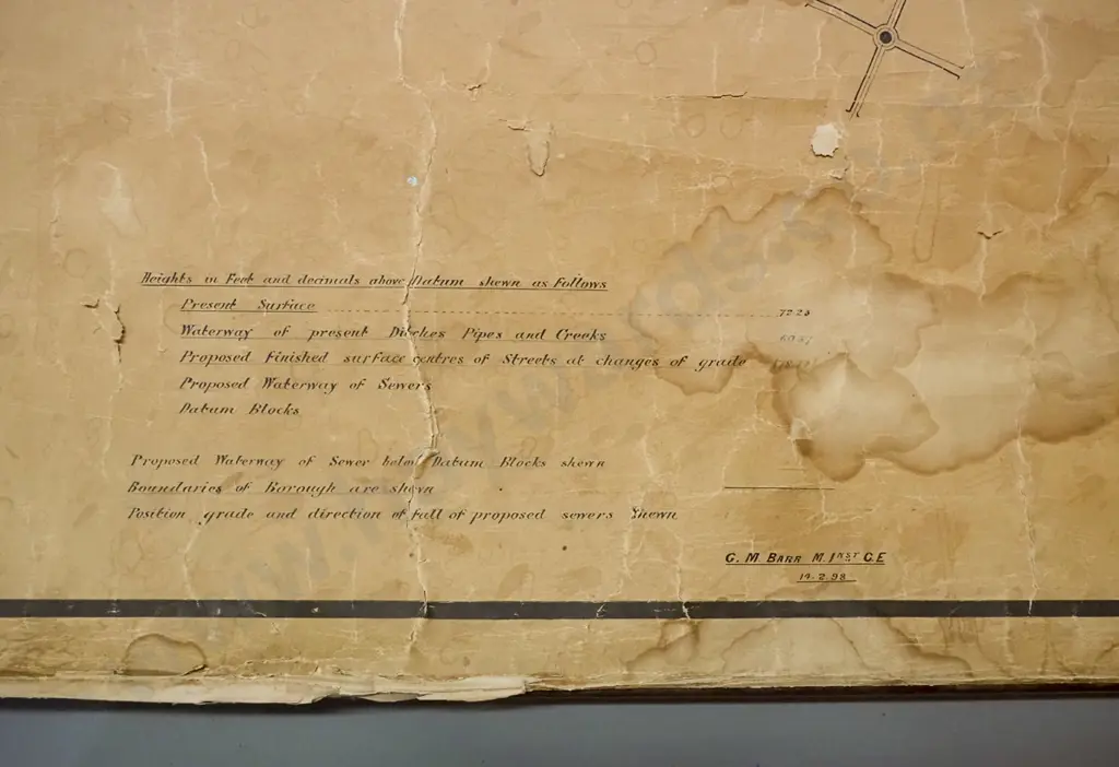 vintage scroll map of The Borough of Mosgiel with mahogany rods (no date) - age related marks, cracks, stains Image 1++
