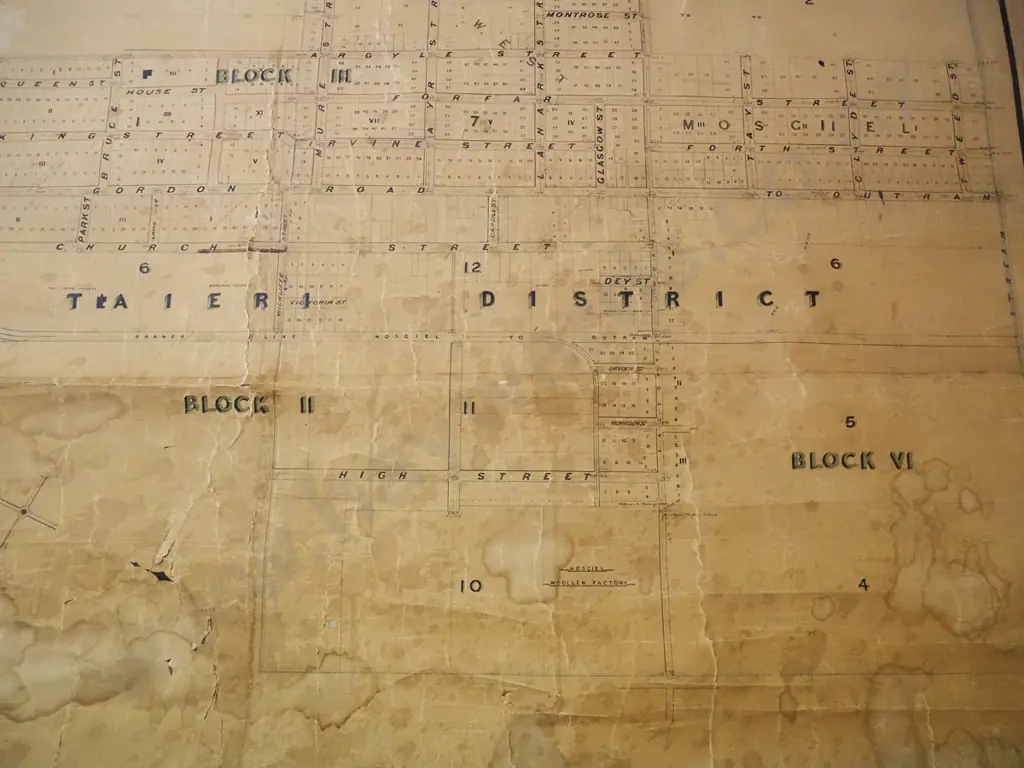 vintage scroll map of The Borough of Mosgiel with mahogany rods (no date) - age related marks, cracks, stains Image 1++