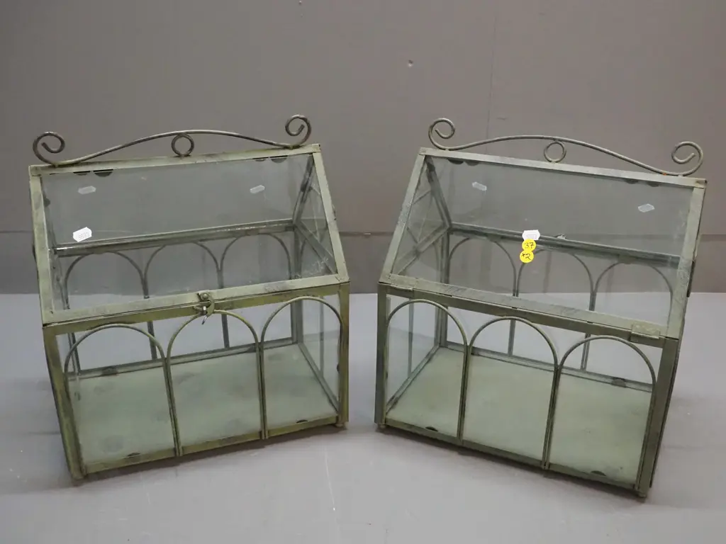 2 metal framed glass terrariums with arched panels, patinated green finish, hinged top, French Country sticker on base Image 1++