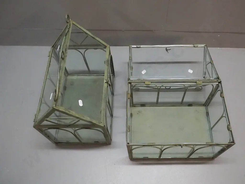 2 metal framed glass terrariums with arched panels, patinated green finish, hinged top, French Country sticker on base Image 1++