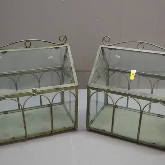 2 metal framed glass terrariums with arched panels, patinated green finish, hinged top, French Country sticker on base