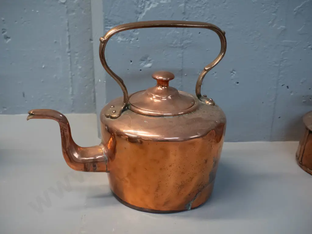 vintage copper kettle with fixed handle - dents and obvious repair. H-280 L-310 at spout Image 1++