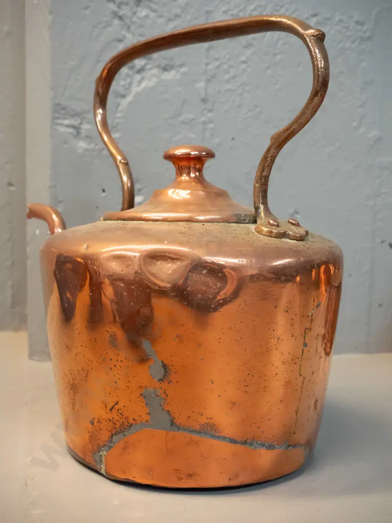 vintage copper kettle with fixed handle - dents and obvious repair. H-280 L-310 at spout Image 1++