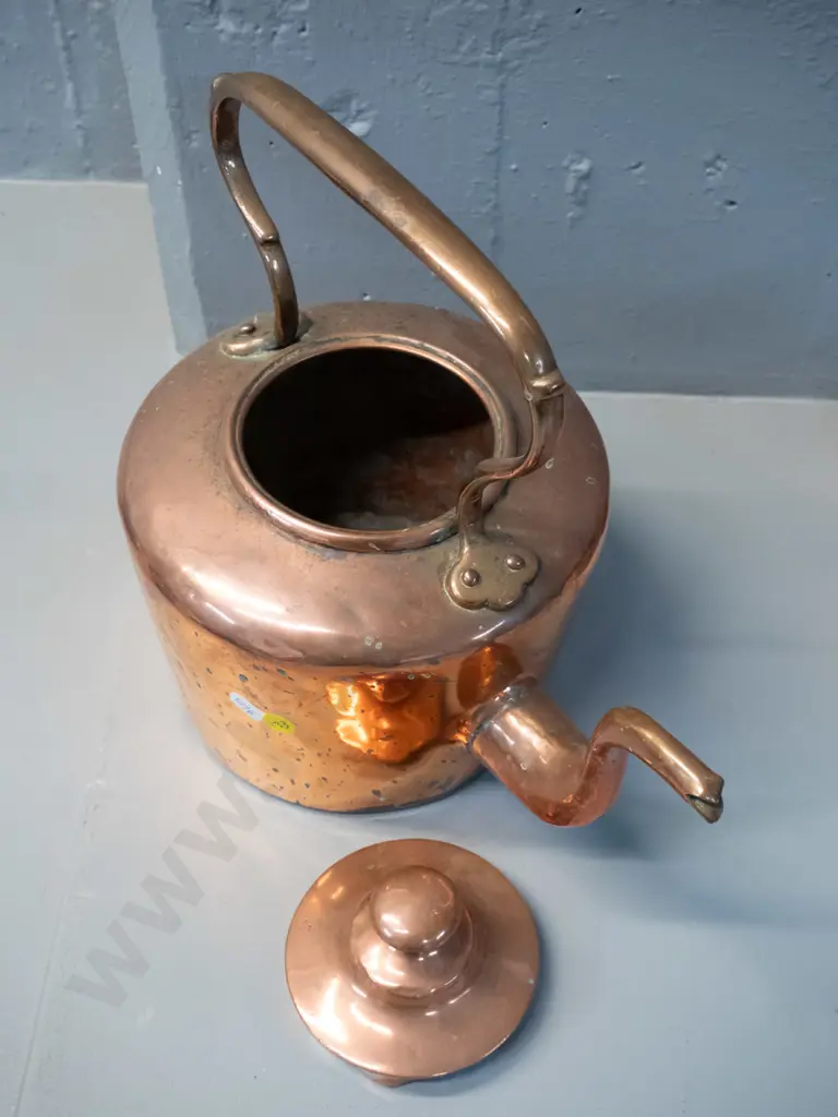 vintage copper kettle with fixed handle - dents and obvious repair. H-280 L-310 at spout Image 1++