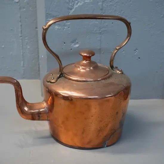 vintage copper kettle with fixed handle - dents and obvious repair. H-280 L-310 at spout