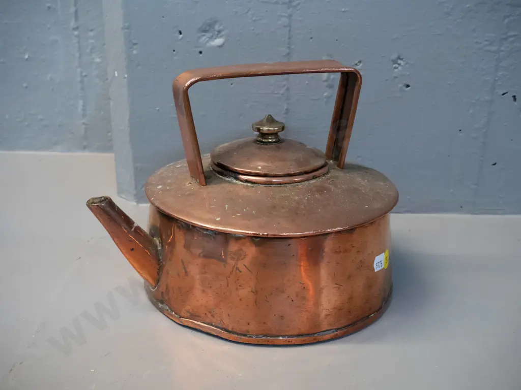 vintage heavy copper kettle with strap handle & brass knob - some dents and wear. H-180 L-235 at spout Image 1++