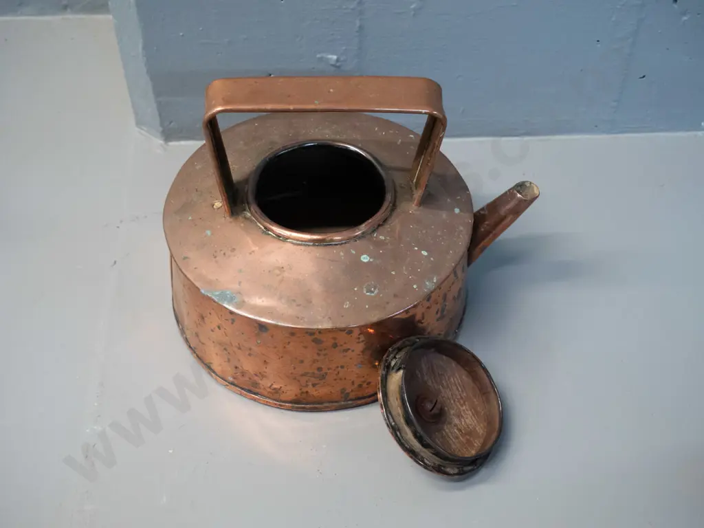 vintage heavy copper kettle with strap handle & brass knob - some dents and wear. H-180 L-235 at spout Image 1++
