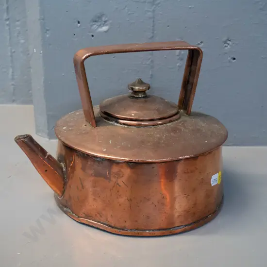 vintage heavy copper kettle with strap handle & brass knob - some dents and wear. H-180 L-235 at spout