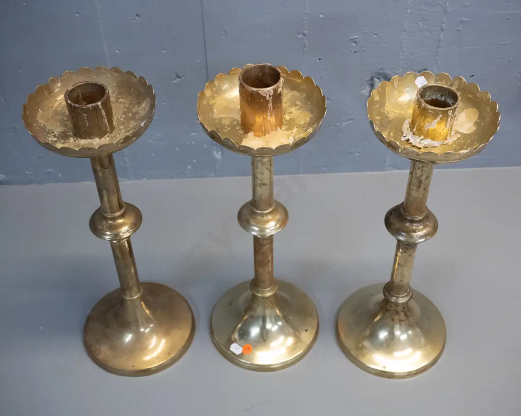 3 brass ecclesiastical style candle holders - some age wear & wax residue H-430 Image 1++