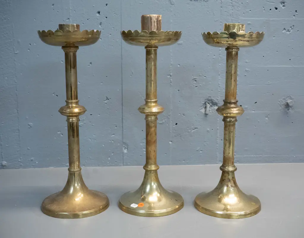 3 brass ecclesiastical style candle holders - some age wear & wax residue H-430 Image 1++