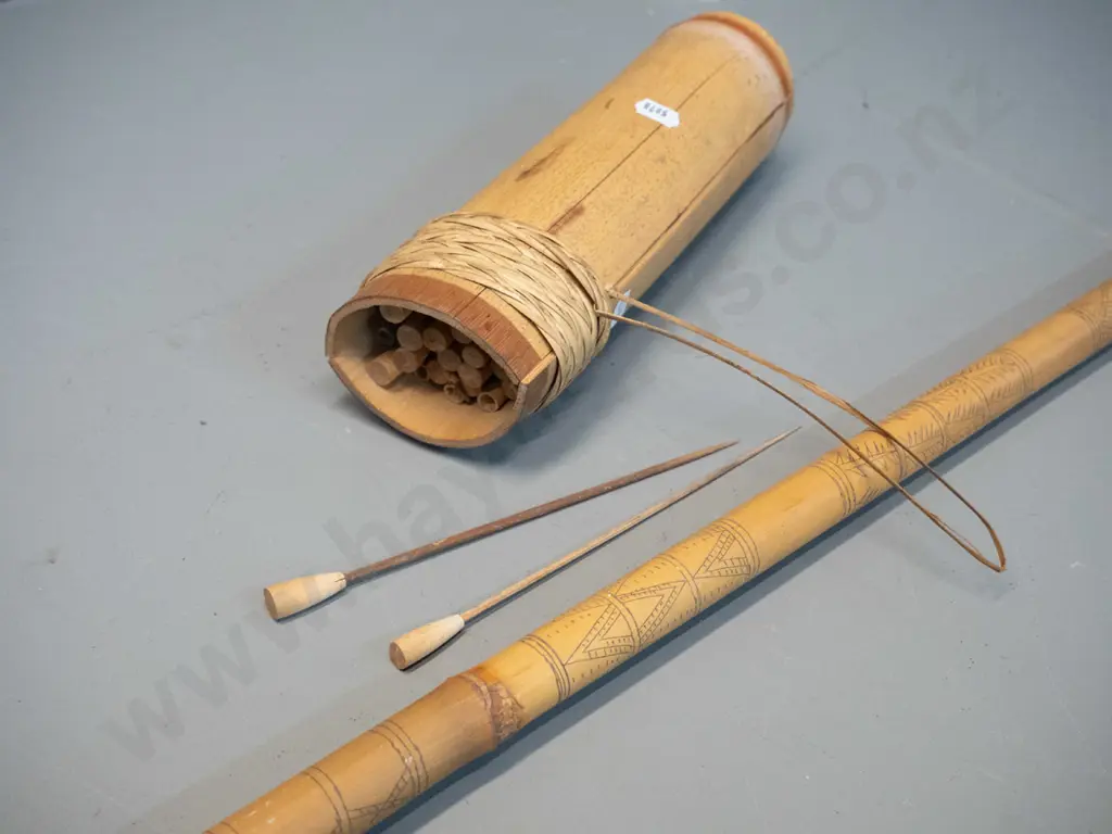 bamboo blow gun and dart holder full of darts - etched designs & woven binding L-1190 Image 1++