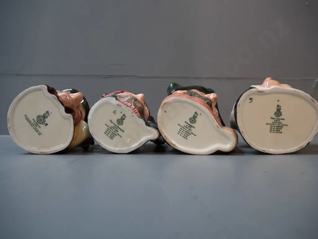 4 small Royal Doulton character jugs - The Sleuth H-110, Smuggler, Lumberjack and Lawyer Image 1++