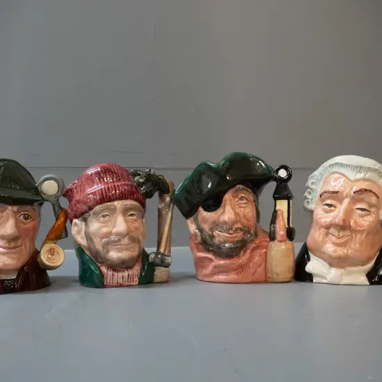 4 small Royal Doulton character jugs - The Sleuth H-110, Smuggler, Lumberjack and Lawyer