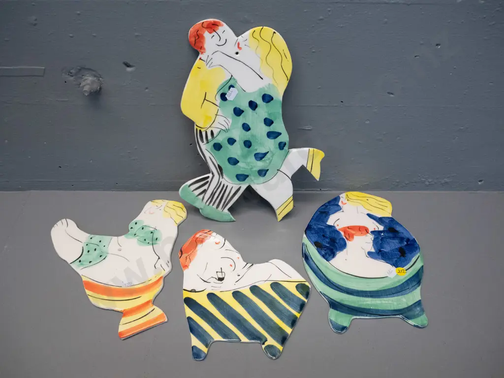 4 wall hanging comic figures - dancing couple H300 W200, woman in bath, etc. - all from Laughing Fish Studio, Mapua NZ Image 1++