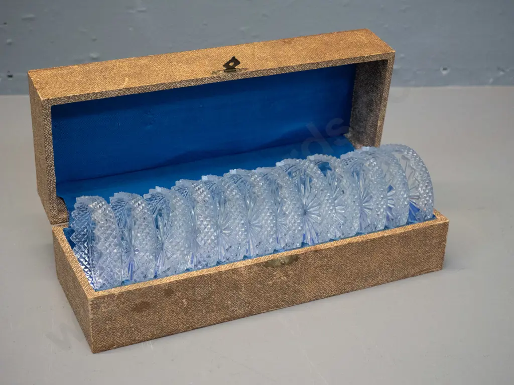 vintage cased set of 12 cut glass coasters with serrated edges - each is D-75 Image 1++