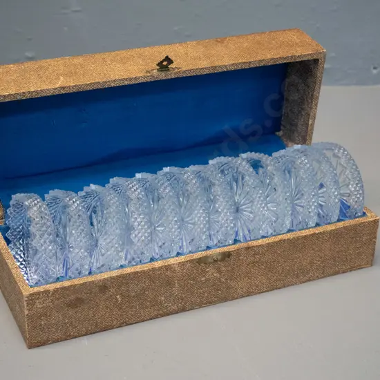 vintage cased set of 12 cut glass coasters with serrated edges - each is D-75