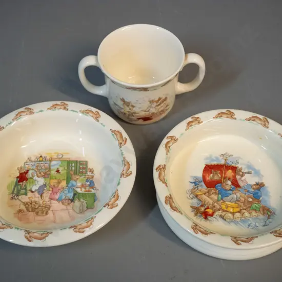 3 Royal Doulton Bunnykins items - 2 porridge bowls and a double handled mug
