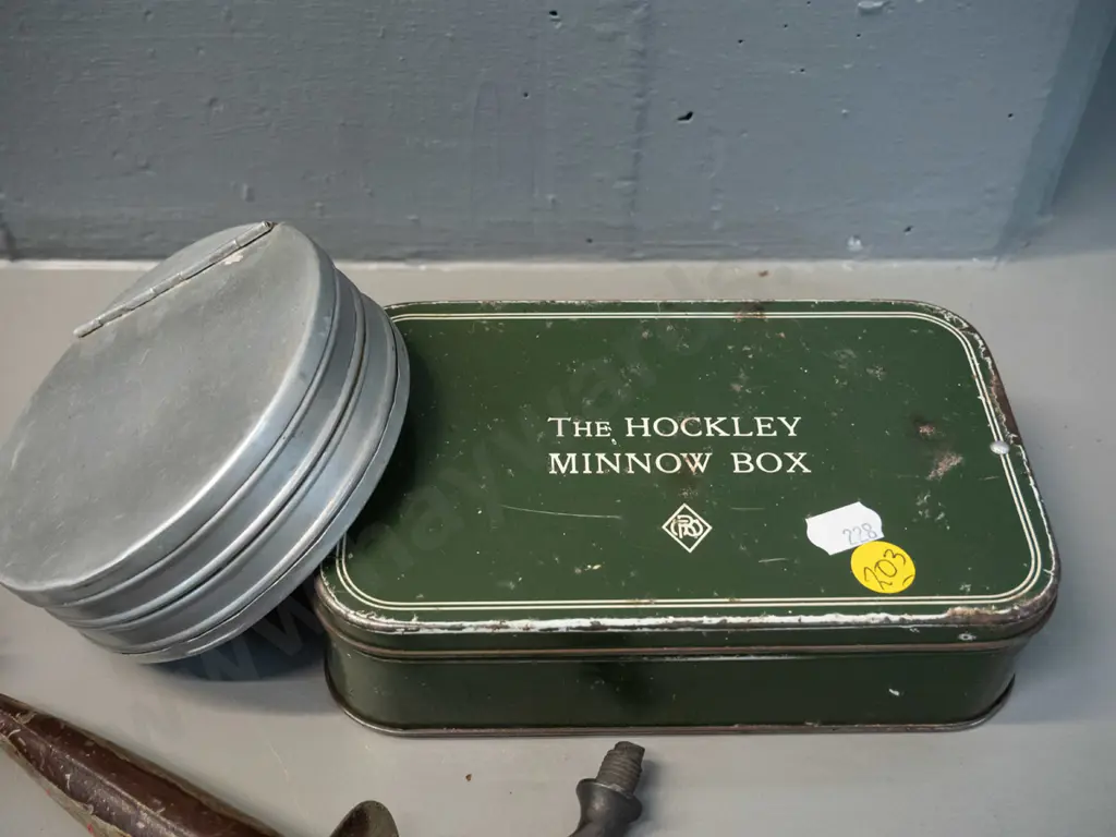 assorted fishing items - Hockley MInnow box tin, with contents, circular aluminium fly tin, box of fishing line, small Image 1++