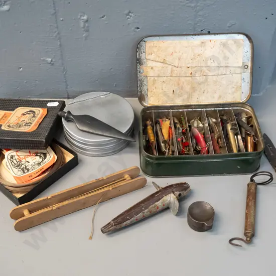 assorted fishing items - Hockley MInnow box tin, with contents, circular aluminium fly tin, box of fishing line, small