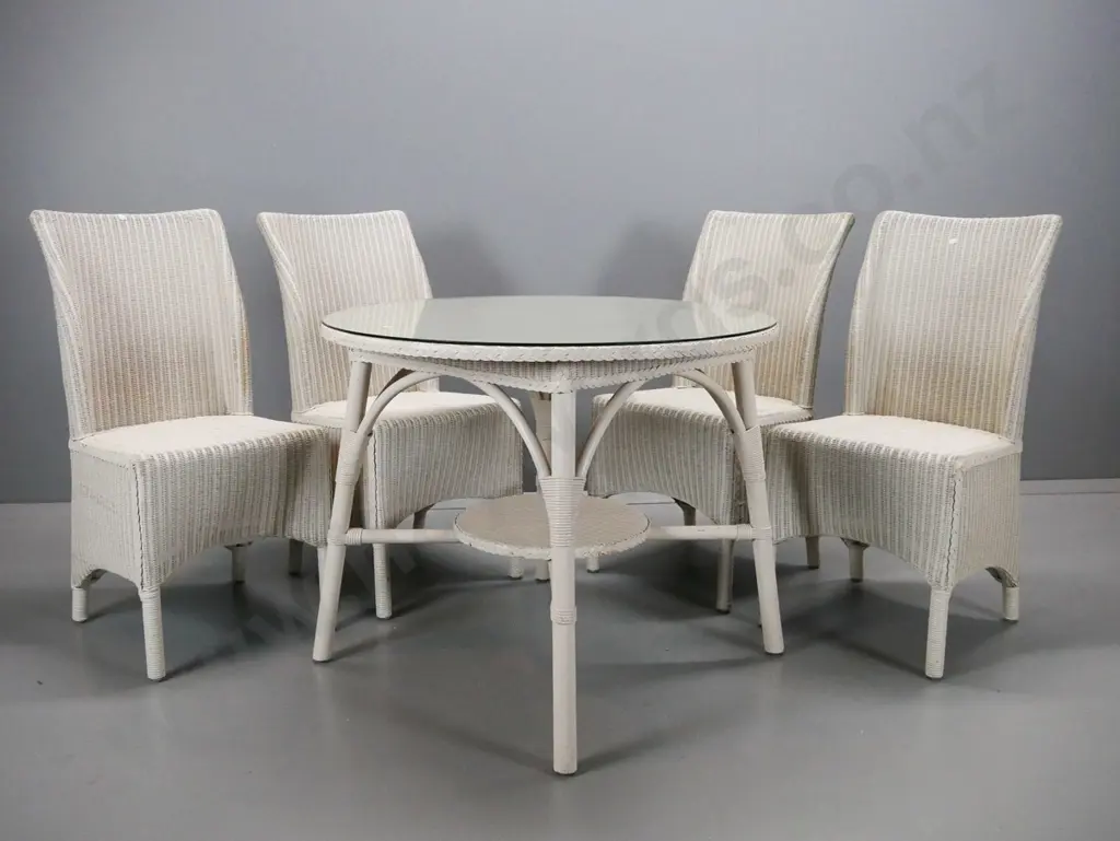 Lusty Lloyd Loom white finish woven fibre round table with glass top and 4 high-back chairs, see label under chair. Image 1++