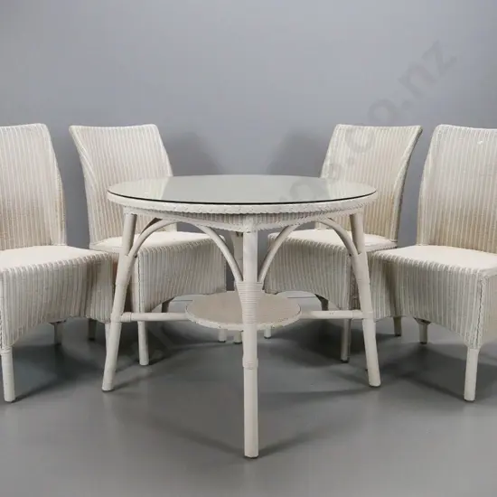 Lusty Lloyd Loom white finish woven fibre round table with glass top and 4 high-back chairs, see label under chair.