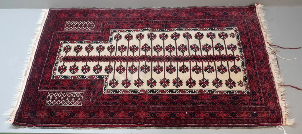 Balouchi Iranian prayer rug circa 1985 - some fraying of fringe on one end L-1220 W-870 Image 1++