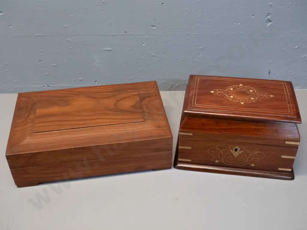 2 timber (rosewood?) jewellery or storage boxes with hinged lids - inlaid brass decoration on one has a few discoloured Image 1++