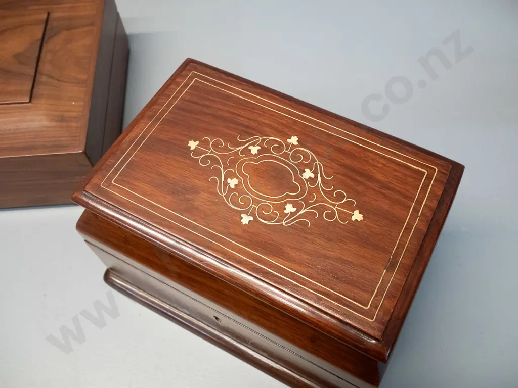 2 timber (rosewood?) jewellery or storage boxes with hinged lids - inlaid brass decoration on one has a few discoloured Image 1++