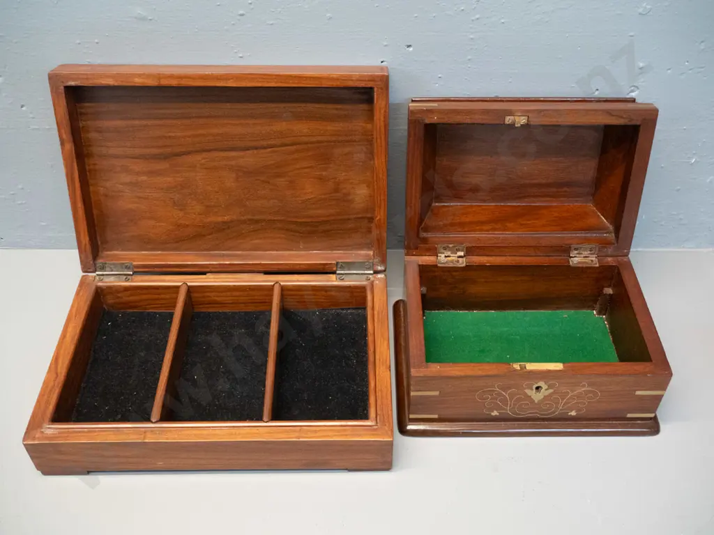 2 timber (rosewood?) jewellery or storage boxes with hinged lids - inlaid brass decoration on one has a few discoloured Image 1++