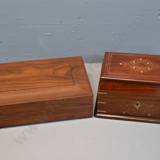 2 timber (rosewood?) jewellery or storage boxes with hinged lids - inlaid brass decoration on one has a few discoloured