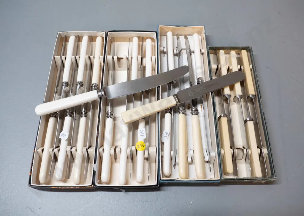 assorted faux bone-handled knives - some Rodd, one set of 6 bread & butter have square handles, one box not full Image 1++