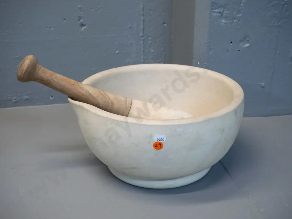 earthenware mortar and pestle with elm handle, marked Warranted Acid Proof on base, general age marks & stain. H-140 Image 1++