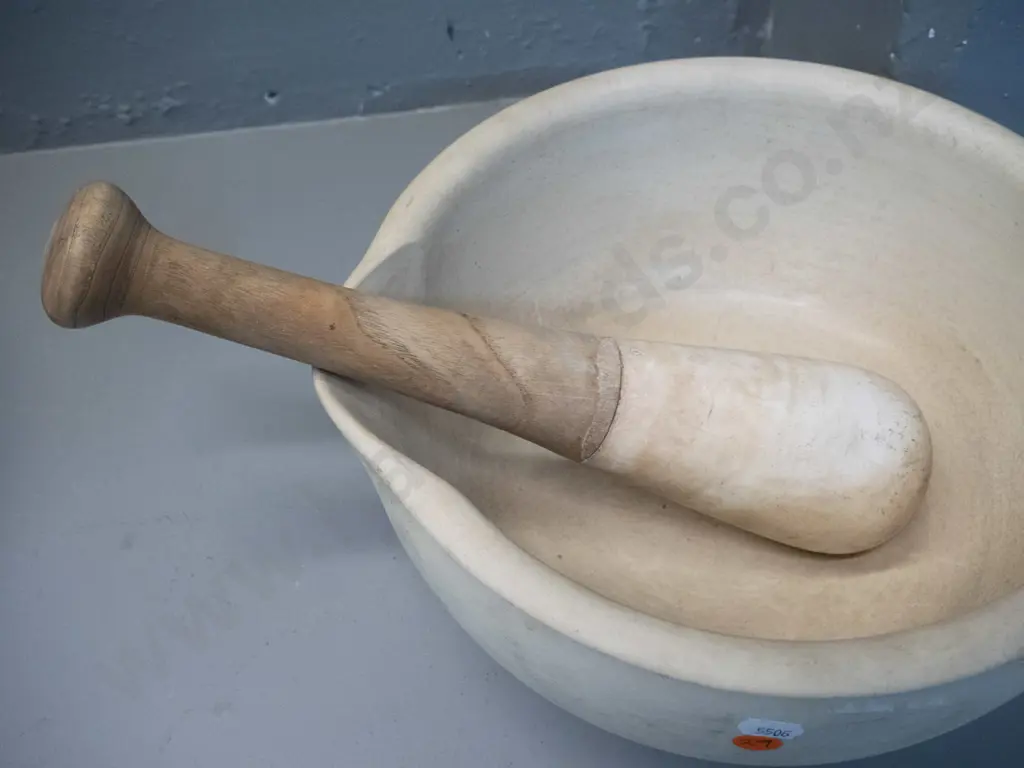 earthenware mortar and pestle with elm handle, marked Warranted Acid Proof on base, general age marks & stain. H-140 Image 1++