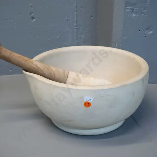earthenware mortar and pestle with elm handle, marked Warranted Acid Proof on base, general age marks & stain. H-140