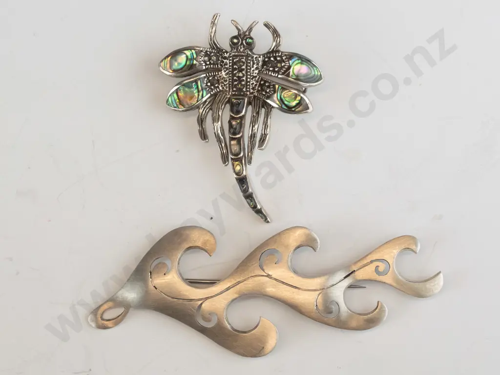 silver paua shell dragon fly brooch stamped 925 & silver brooch stamped stg Image 1++