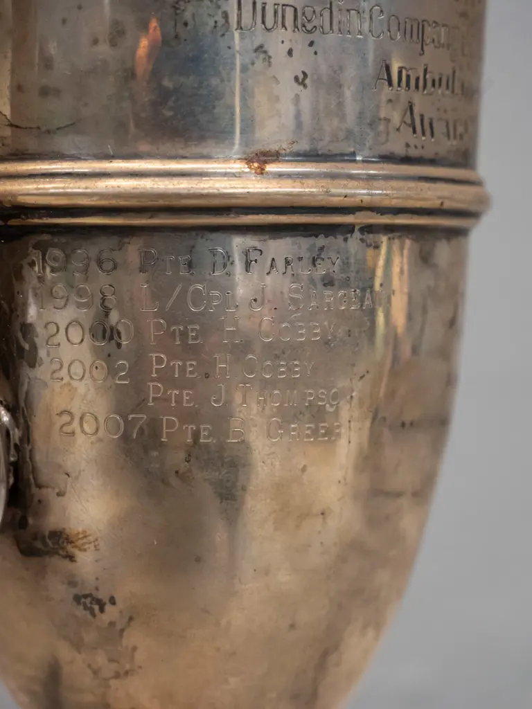 sterling silver trophy cup on wooden base - 14th Dunedin Co. Boy's Brigade Colin Henderson Memorial Ambulance cup, dates Image 1++