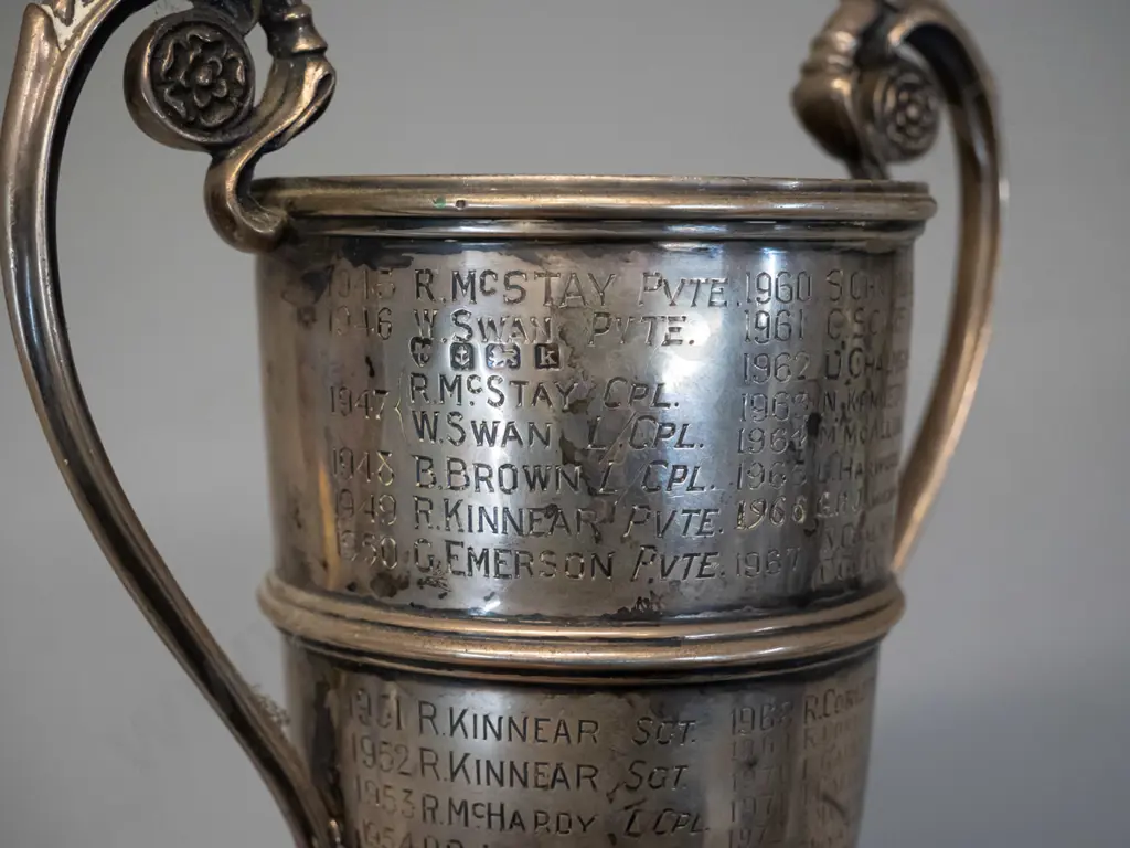 sterling silver trophy cup on wooden base - 14th Dunedin Co. Boy's Brigade Colin Henderson Memorial Ambulance cup, dates Image 1++